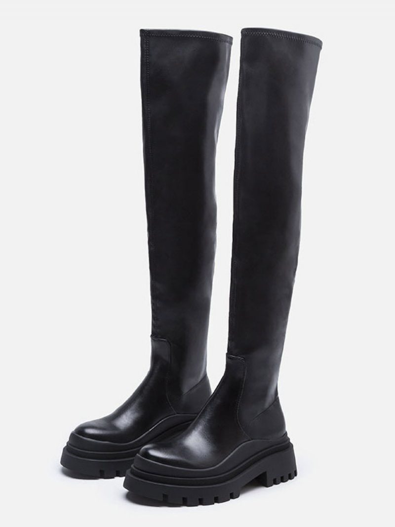 Schwarze Overknee-stiefel Für Damen Flache Oberschenkelhohe Stiefel - Schwarz