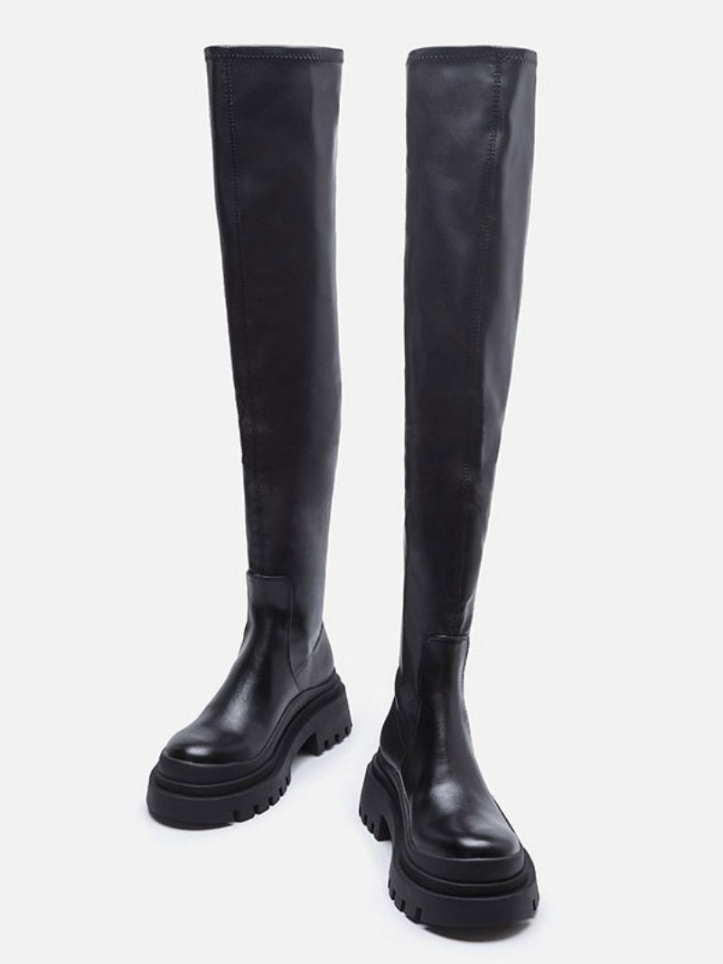 Schwarze Overknee-stiefel Für Damen Flache Oberschenkelhohe Stiefel - Schwarz