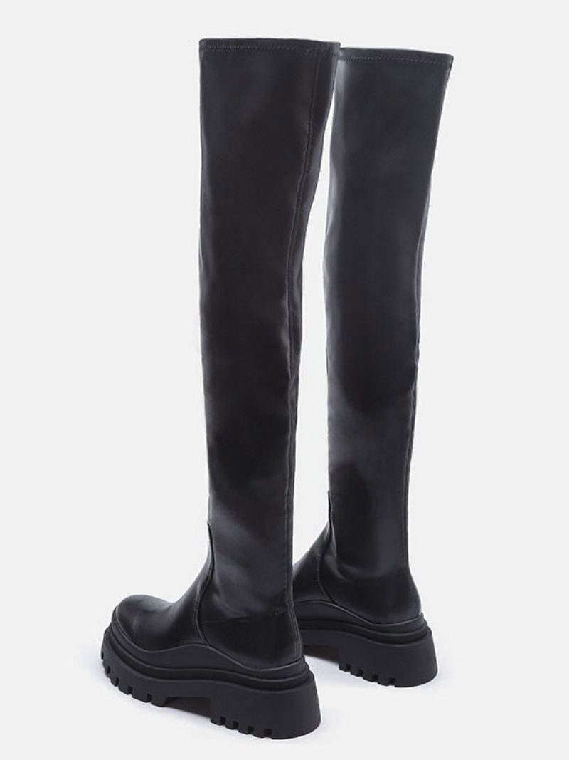 Schwarze Overknee-stiefel Für Damen Flache Oberschenkelhohe Stiefel - Schwarz