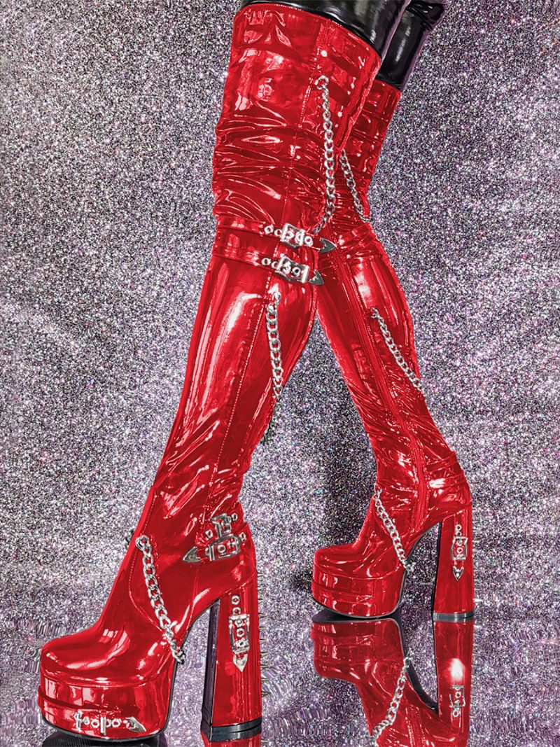 Schwarze Overknee-stiefel Für Damen Mit Plateausohle Klobigem Absatz Und Kettendetail Overknee-gothic-stiefel - Rot