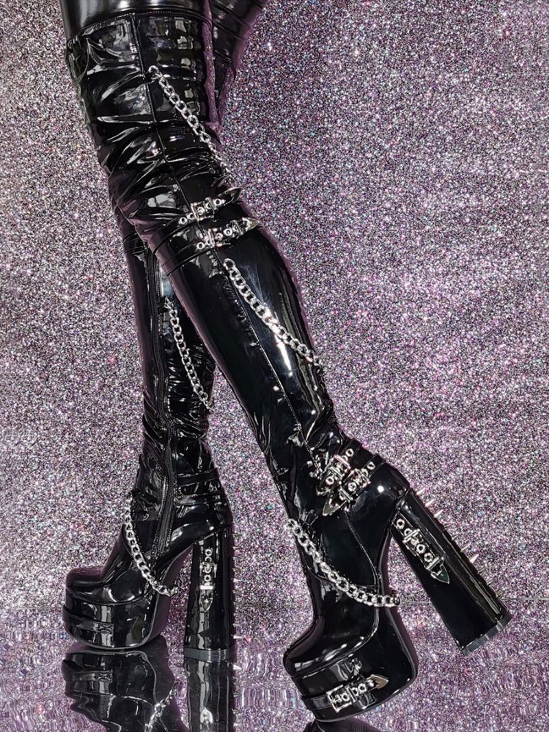 Schwarze Overknee-stiefel Für Damen Mit Plateausohle Klobigem Absatz Und Kettendetail Overknee-gothic-stiefel - Schwarz