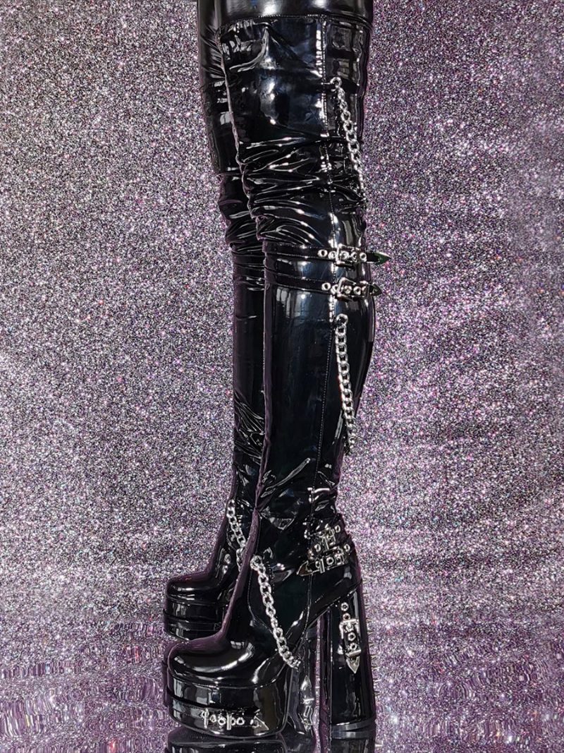 Schwarze Overknee-stiefel Für Damen Mit Plateausohle Klobigem Absatz Und Kettendetail Overknee-gothic-stiefel - Schwarz