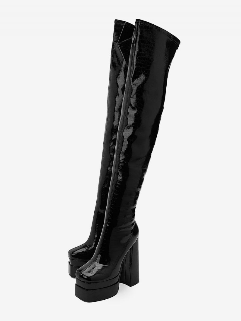 Schwarze Overknee-stiefel Für Damen Mit Plateausohle Und Klobigem Absatz - Schwarz