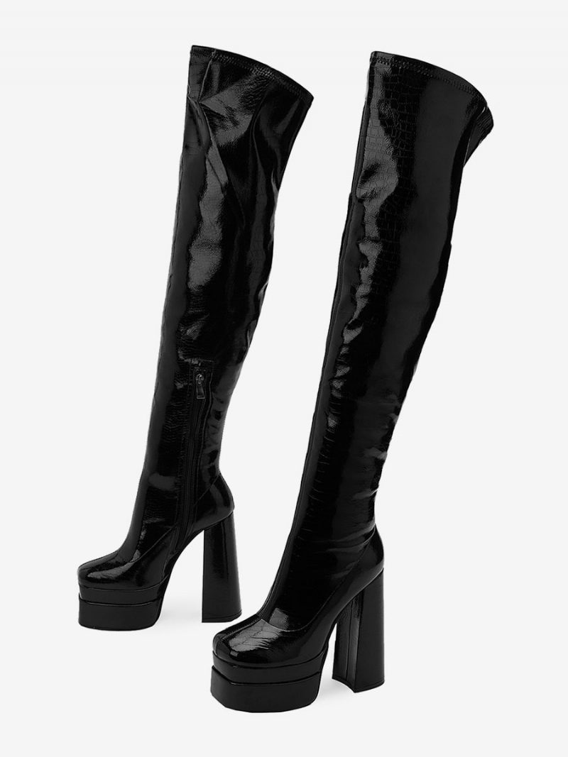 Schwarze Overknee-stiefel Für Damen Mit Plateausohle Und Klobigem Absatz - Schwarz