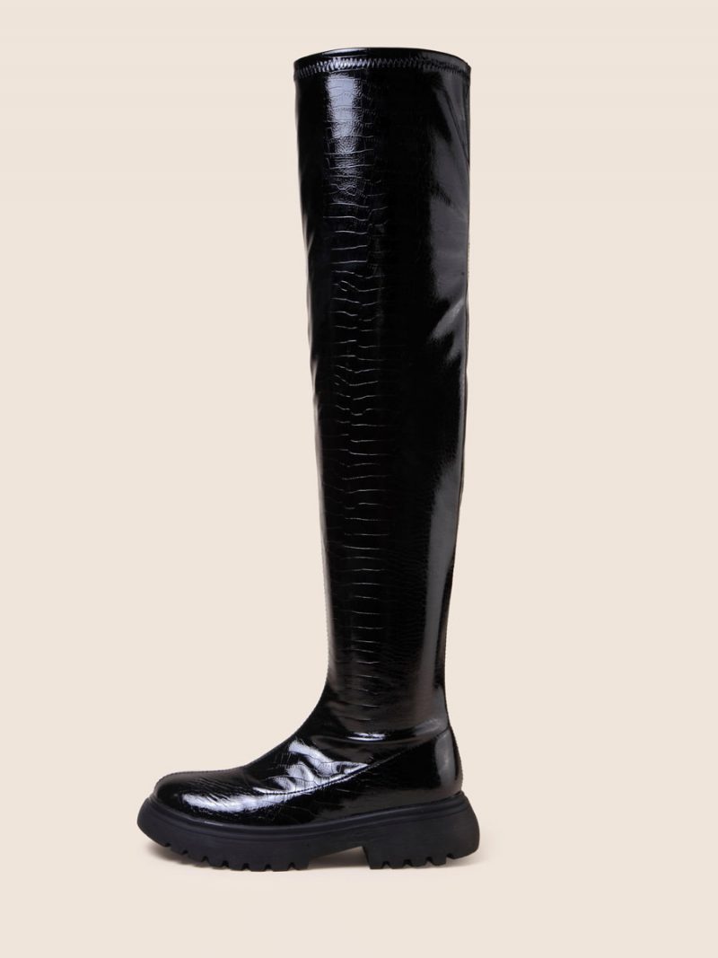 Schwarze Overknee-stiefel Für Damen Mit Runder Spitze Flache Stiefel