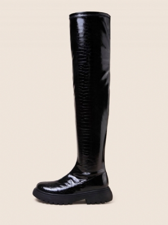 Schwarze Overknee-stiefel Für Damen Mit Runder Spitze Flache Stiefel