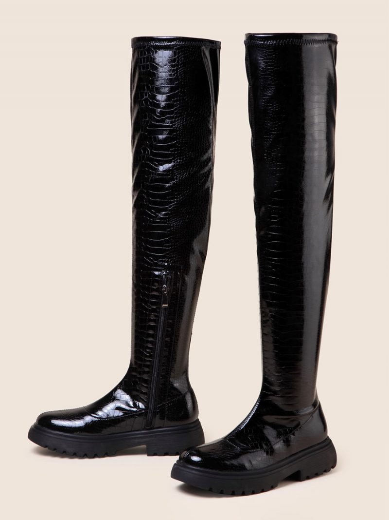 Schwarze Overknee-stiefel Für Damen Mit Runder Spitze Flache Stiefel - Schwarz