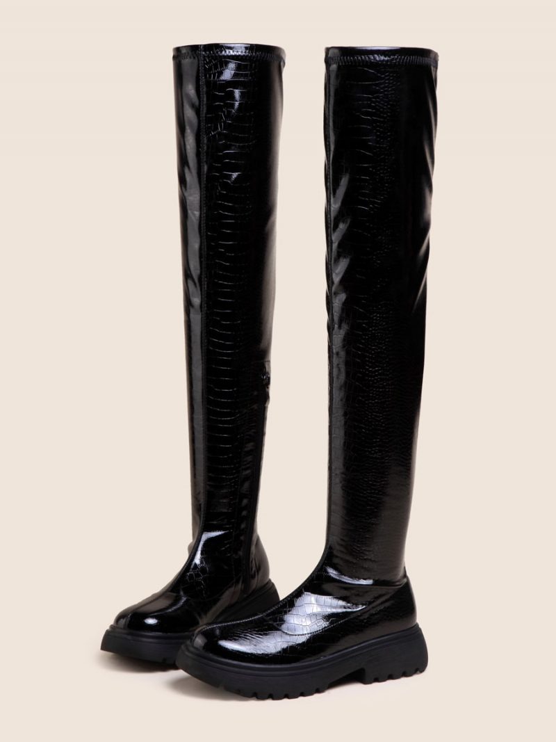 Schwarze Overknee-stiefel Für Damen Mit Runder Spitze Flache Stiefel - Schwarz