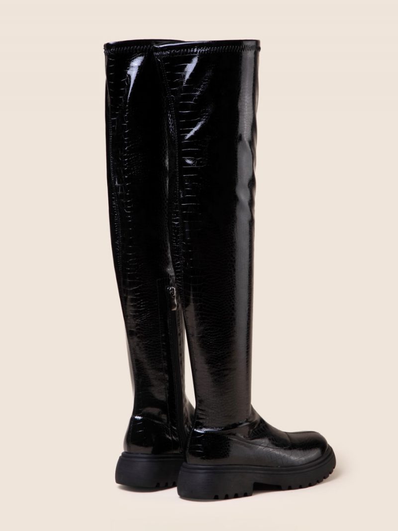 Schwarze Overknee-stiefel Für Damen Mit Runder Spitze Flache Stiefel - Schwarz