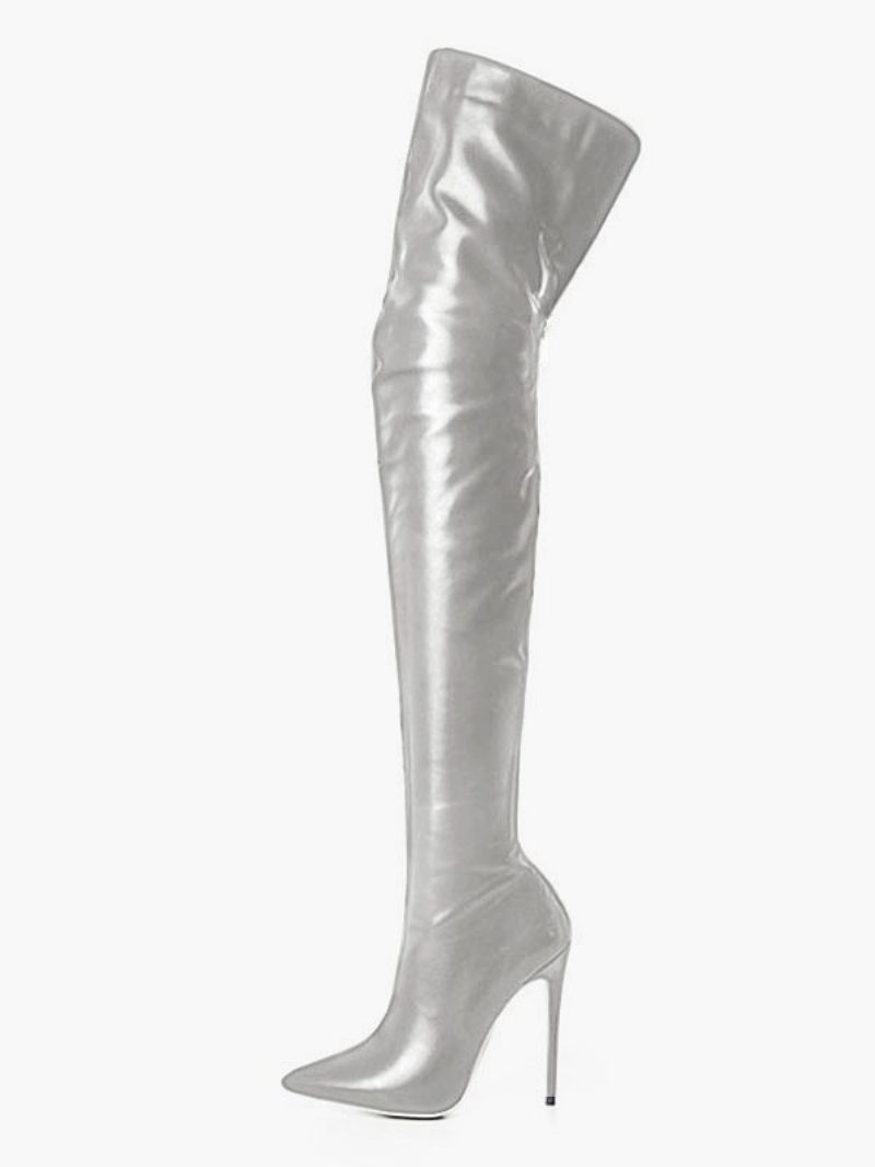 Schwarze Overknee-stiefel Für Damen Mit Spitzer Zehenpartie Und Stiletto-absatz - Silber