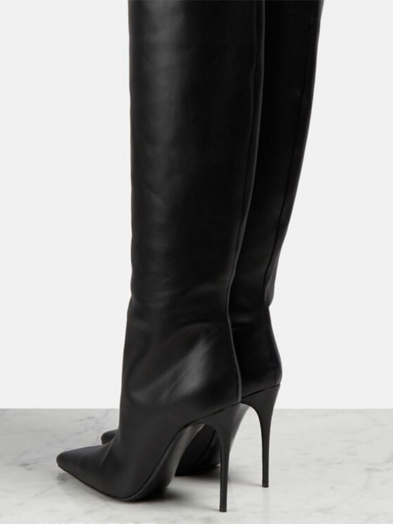 Schwarze Overknee-stiefel Für Damen Mit Spitzer Zehenpartie Und Stiletto-absatz - Schwarz