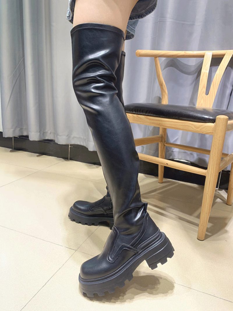 Schwarze Overknee-stiefel Für Damen Plateau Runde Zehenpartie Klobiger Absatz Oberschenkelhohe Stiefel - Schwarz