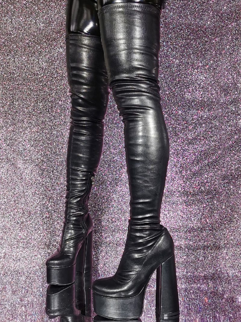 Schwarze Overknee-stiefel Für Damen Runde Zehenpartie Plateau-high-heel Sexy Oberschenkelhohe Stiefel - Schwarz