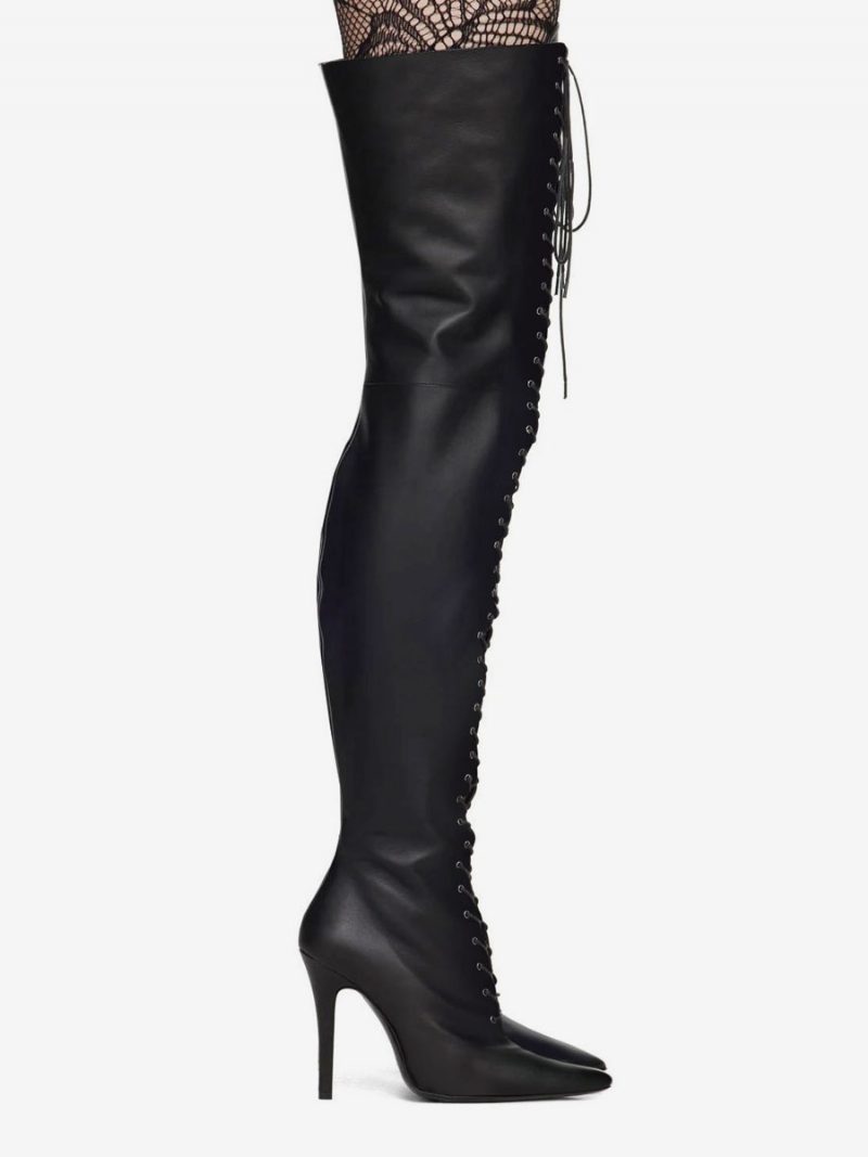 Schwarze Overknee-stiefel Zum Schnüren Für Damen Mit Spitzer Zehenpartie Und Stiletto-absatz - Schwarz