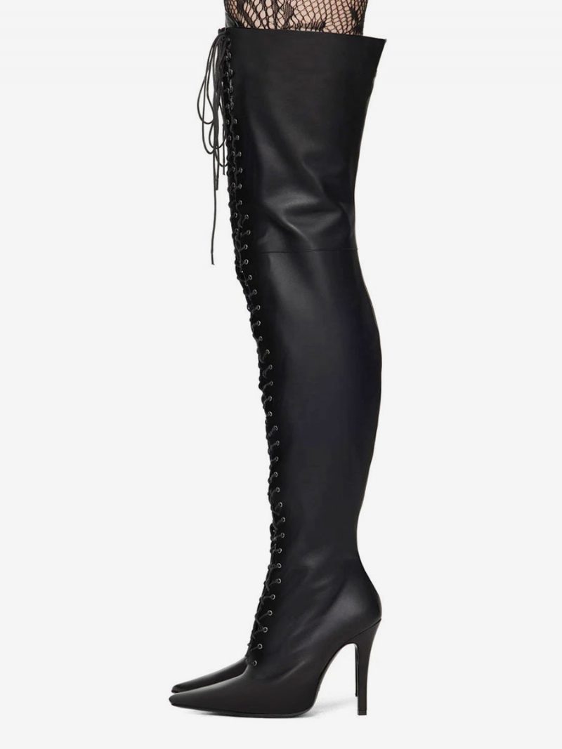 Schwarze Overknee-stiefel Zum Schnüren Für Damen Mit Spitzer Zehenpartie Und Stiletto-absatz - Schwarz