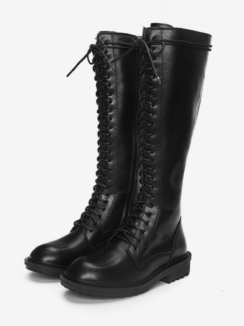 Schwarze Schnürstiefel Mit Runder Spitze Flache Stiefel Für Damen