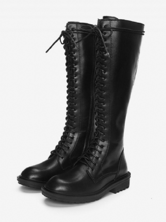 Schwarze Schnürstiefel Mit Runder Spitze Flache Stiefel Für Damen