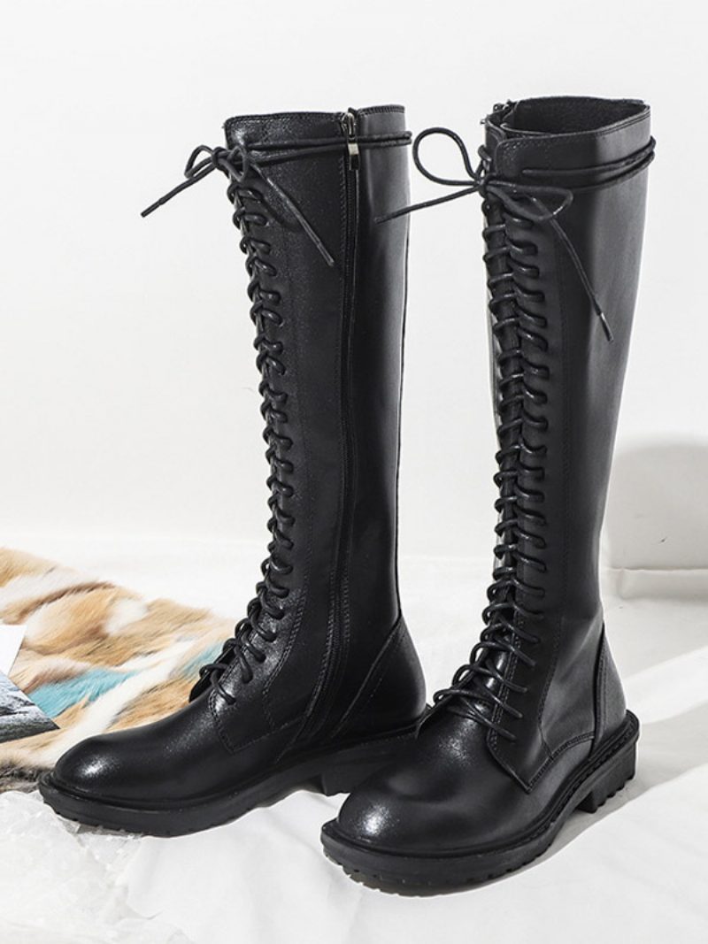 Schwarze Schnürstiefel Mit Runder Spitze Flache Stiefel Für Damen - Schwarz