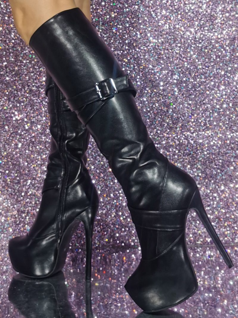 Schwarze Sexy High-heel-kniestiefel Mit Schnallendetail Für Damen - Schwarz