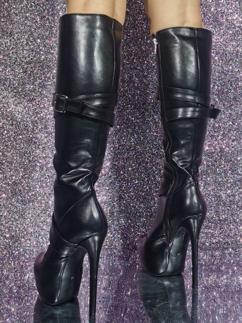 Schwarze Sexy High-heel-kniestiefel Mit Schnallendetail Für Damen - Schwarz