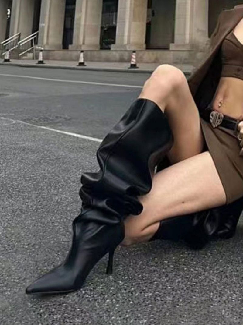 Schwarze Slouch-stiefel Für Damen Mit Hohem Absatz Und Spitzer Zehenpartie