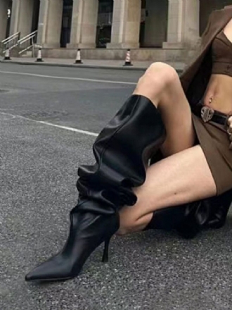 Schwarze Slouch-stiefel Für Damen Mit Hohem Absatz Und Spitzer Zehenpartie