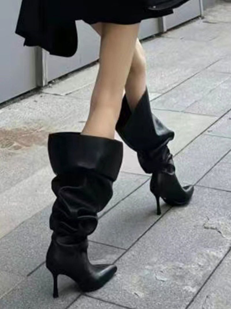 Schwarze Slouch-stiefel Für Damen Mit Hohem Absatz Und Spitzer Zehenpartie - Schwarz