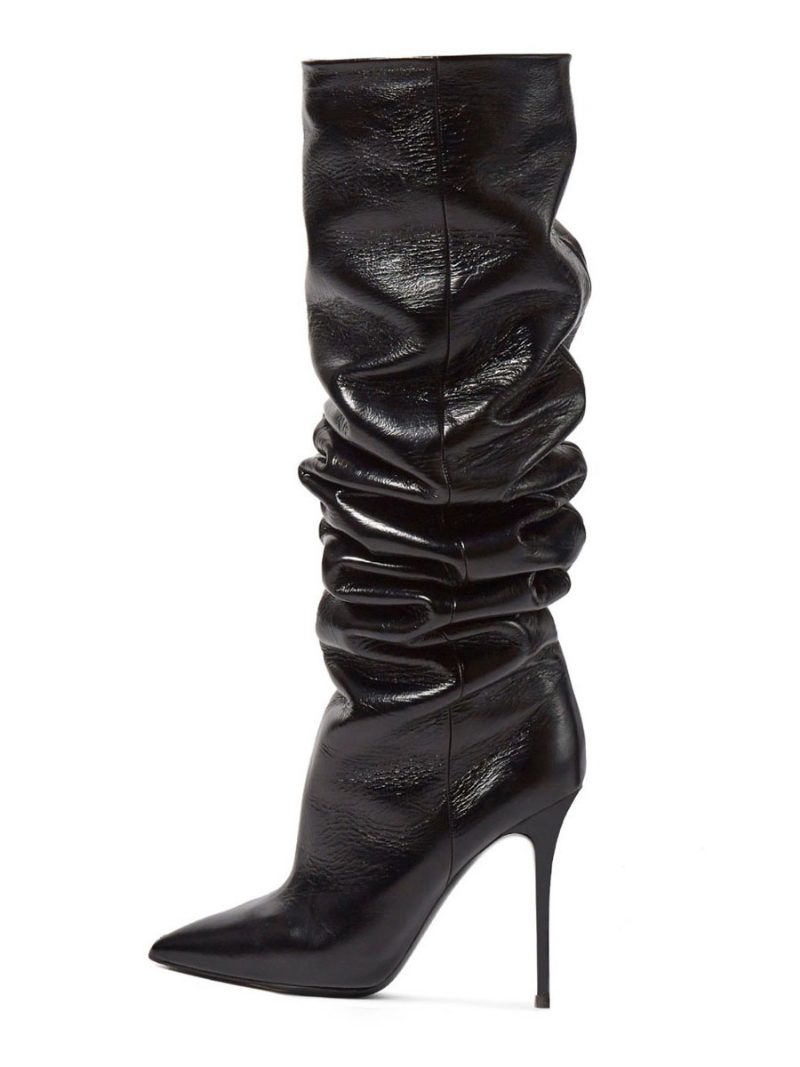 Schwarze Slouch-stiefel Mit Spitzer Zehenpartie Und Mittelhohem Stiletto-absatz Für Damen