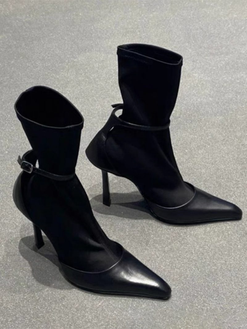 Schwarze Stiefeletten Für Damen Mit Spitzer Zehenpartie Schnallendetail Und Stiletto-absatz - Schwarz