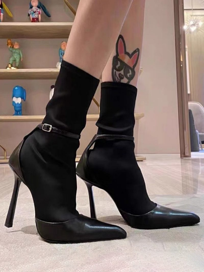 Schwarze Stiefeletten Für Damen Mit Spitzer Zehenpartie Schnallendetail Und Stiletto-absatz - Schwarz