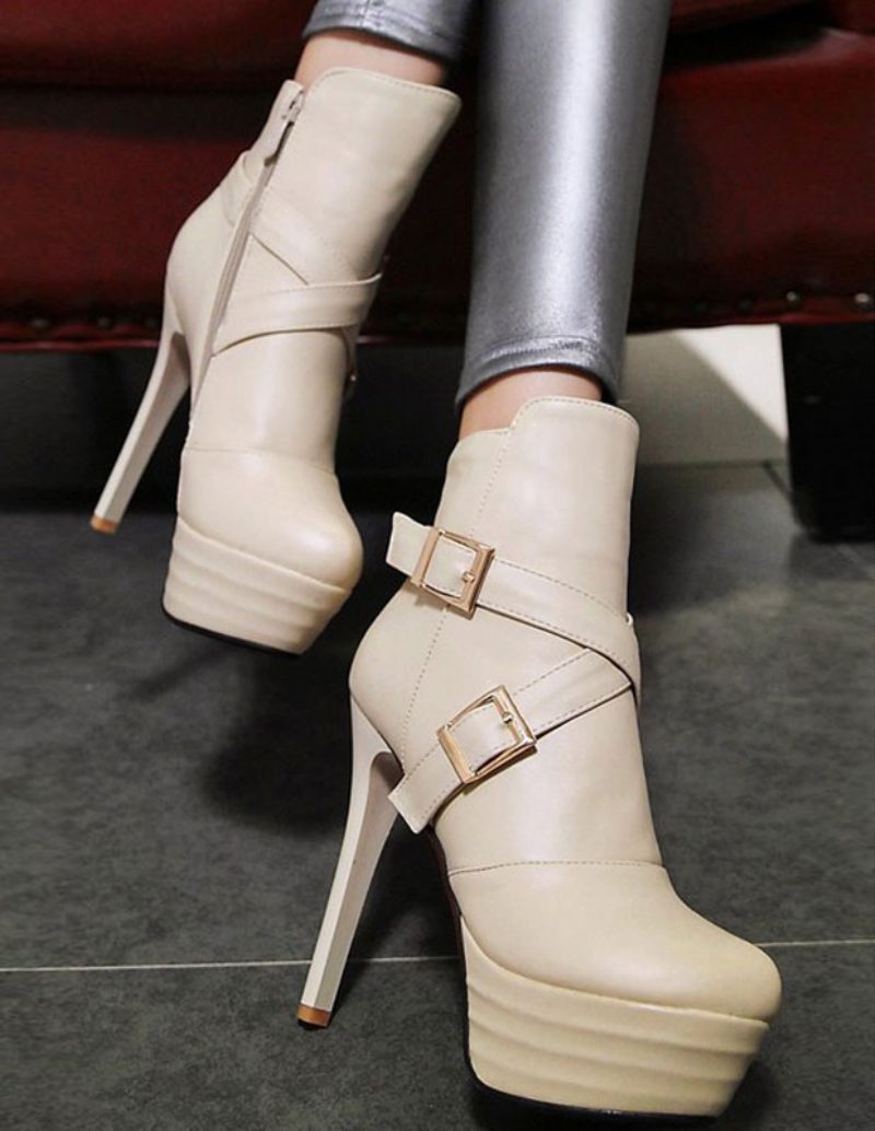 Schwarze Stiefeletten Mit Hohem Absatz Plateaustiefeletten Kurze Damenstiefel Schnalle Und Reißverschluss Im Stiletto-stil - Beige