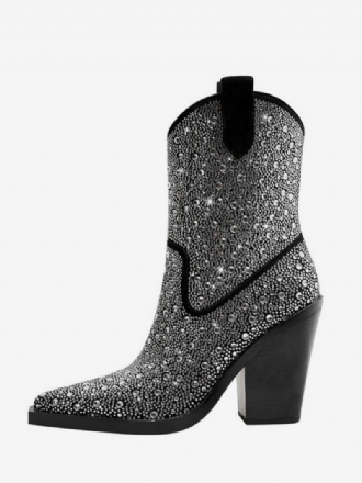 Schwarze Westernstiefel Für Damen Mit Spitzer Zehenpartie Und Glitzerndem Blockabsatz