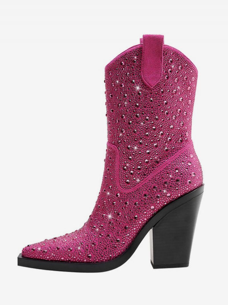 Schwarze Westernstiefel Für Damen Mit Spitzer Zehenpartie Und Glitzerndem Blockabsatz - Rose