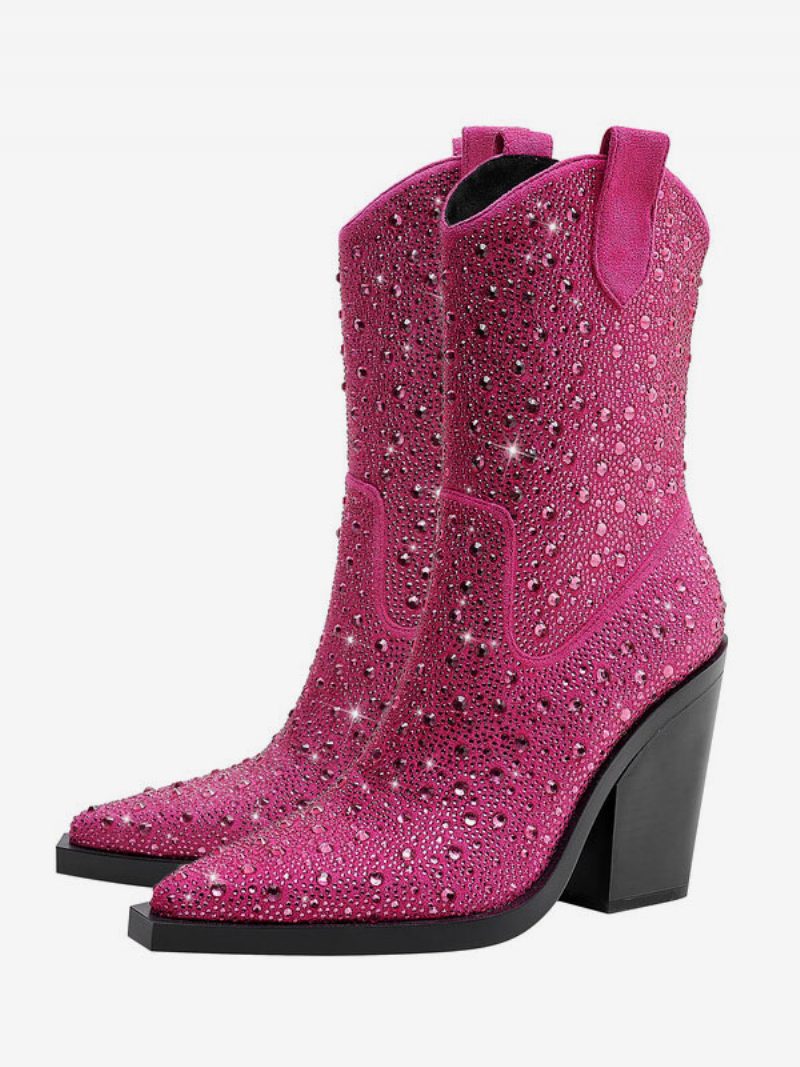 Schwarze Westernstiefel Für Damen Mit Spitzer Zehenpartie Und Glitzerndem Blockabsatz - Rose