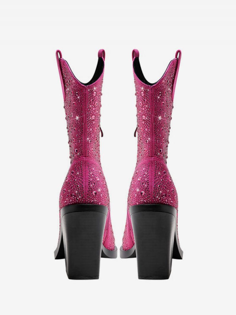 Schwarze Westernstiefel Für Damen Mit Spitzer Zehenpartie Und Glitzerndem Blockabsatz - Rose