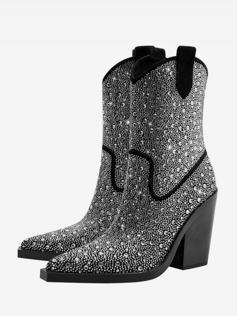 Schwarze Westernstiefel Für Damen Mit Spitzer Zehenpartie Und Glitzerndem Blockabsatz - Schwarz