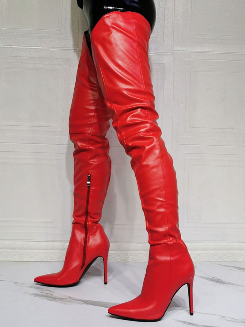 Sexy Oberschenkelhohe Stiefel Für Damen Mit Stiletto-absatz - Rot