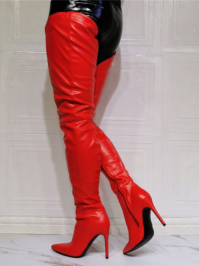 Sexy Oberschenkelhohe Stiefel Für Damen Mit Stiletto-absatz - Rot