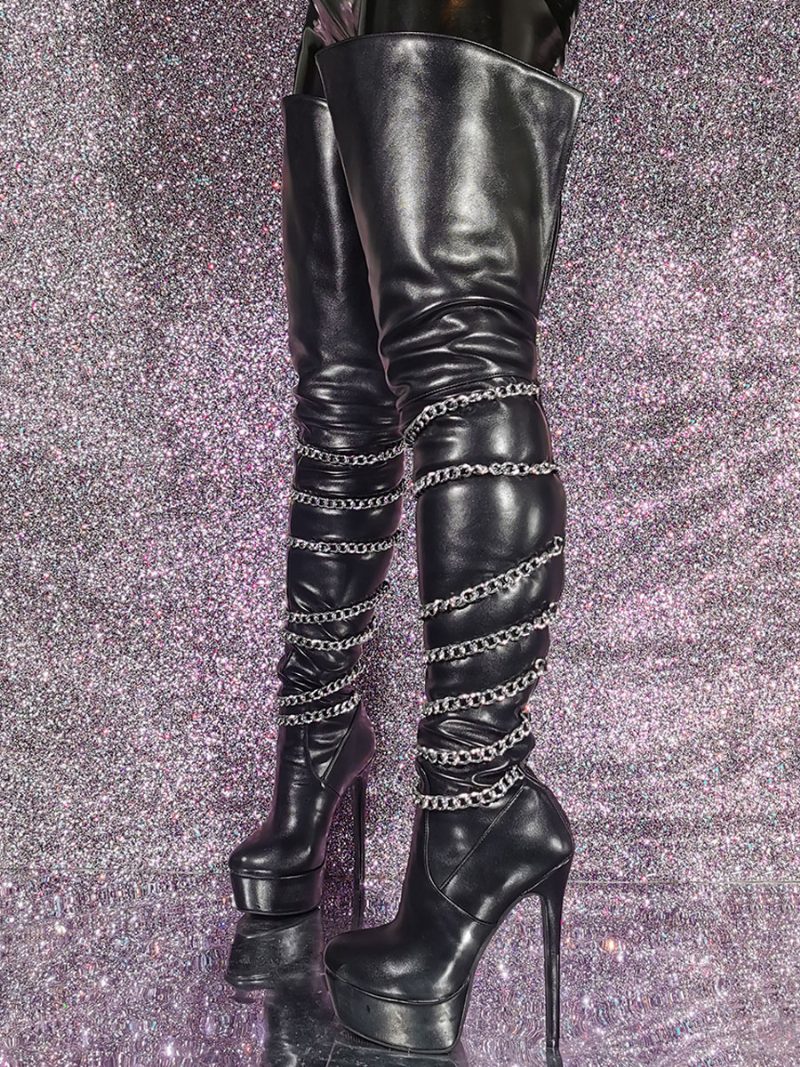 Sexy Overknee-stiefel Für Damen Mit Plateausohle Und Metalldetail - Schwarz