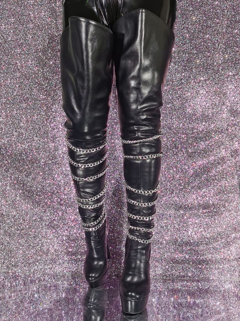 Sexy Overknee-stiefel Für Damen Mit Plateausohle Und Metalldetail - Schwarz