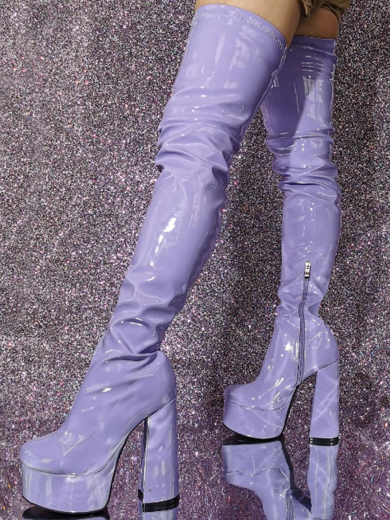 Sexy Overknee-stiefel Für Damen Mit Runder Zehenpartie Und Klobigem Absatz Plateau-overknee-stiefel - Lavendel