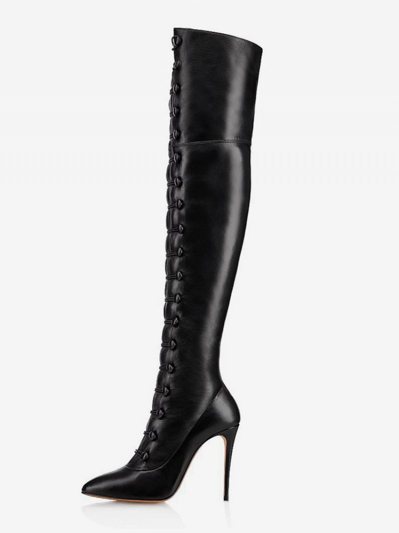 Sexy Overknee-stiefel Für Damen Schwarz Spitze Zehenpartie Schnürung Stiletto-absatz Oberschenkelhohe Stiefel