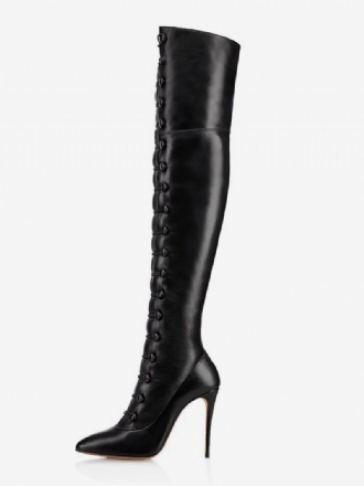 Sexy Overknee-stiefel Für Damen Schwarz Spitze Zehenpartie Schnürung Stiletto-absatz Oberschenkelhohe Stiefel