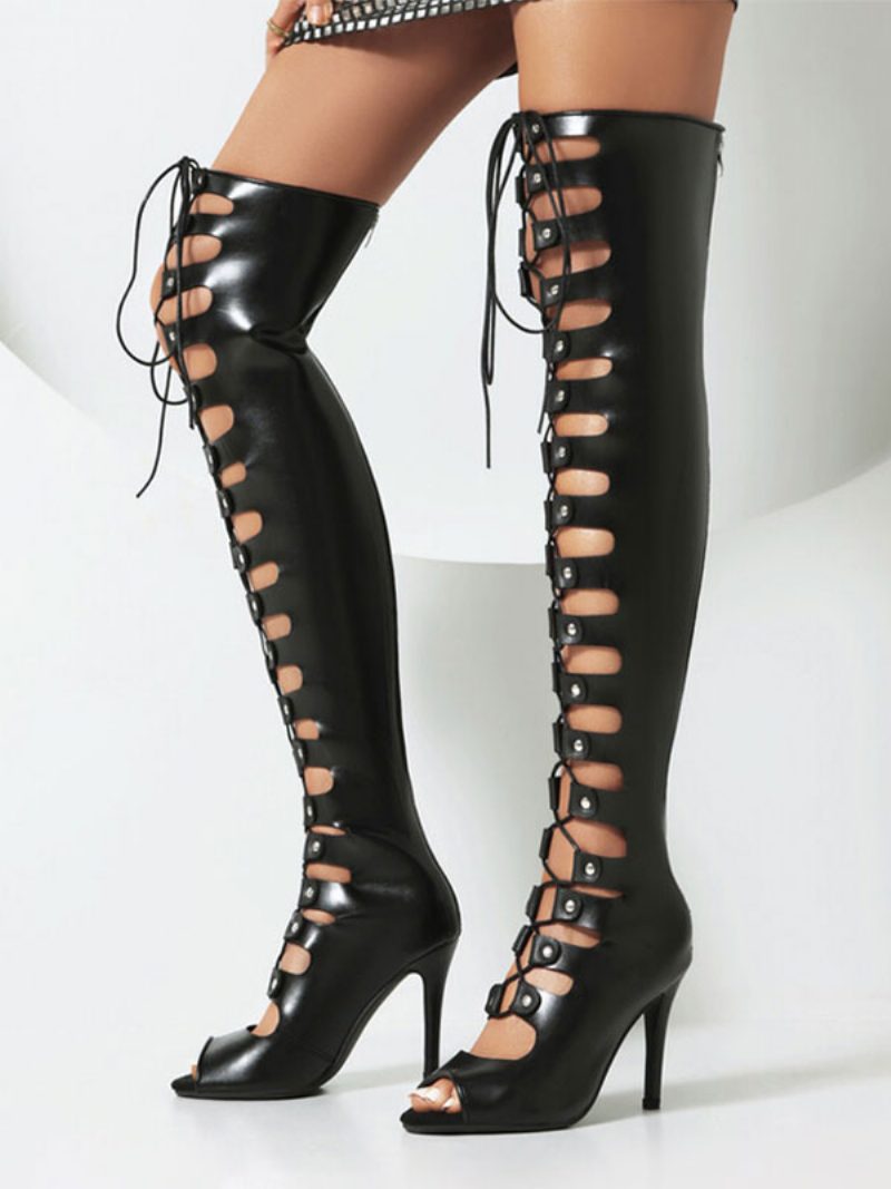 Sexy Overknee-stiefel Für Damen Schwarze Ausgeschnittene Schnürbare Sandalenstiefel Mit Hohem Absatz