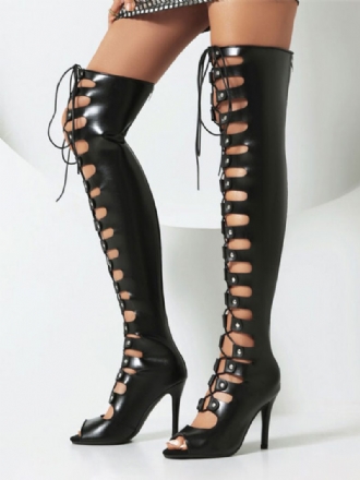 Sexy Overknee-stiefel Für Damen Schwarze Ausgeschnittene Schnürbare Sandalenstiefel Mit Hohem Absatz