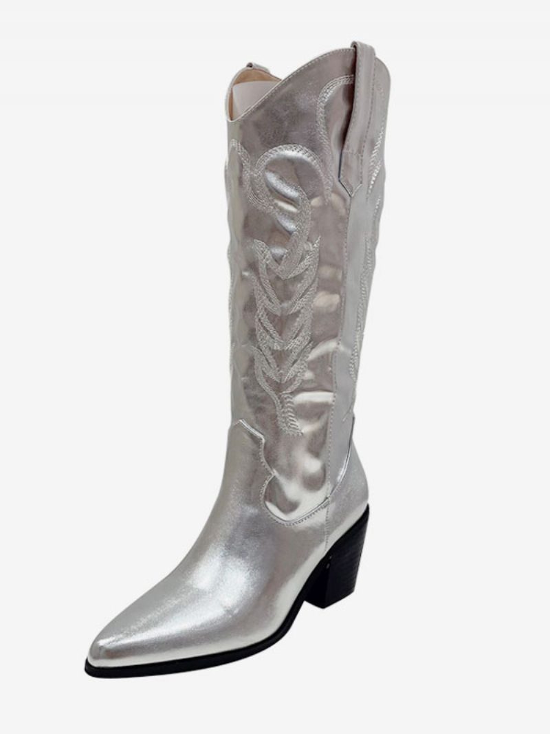 Silberne Cowboystiefel Für Damen Mit Spitzer Zehenpartie Und Kniehohen Stiefeln