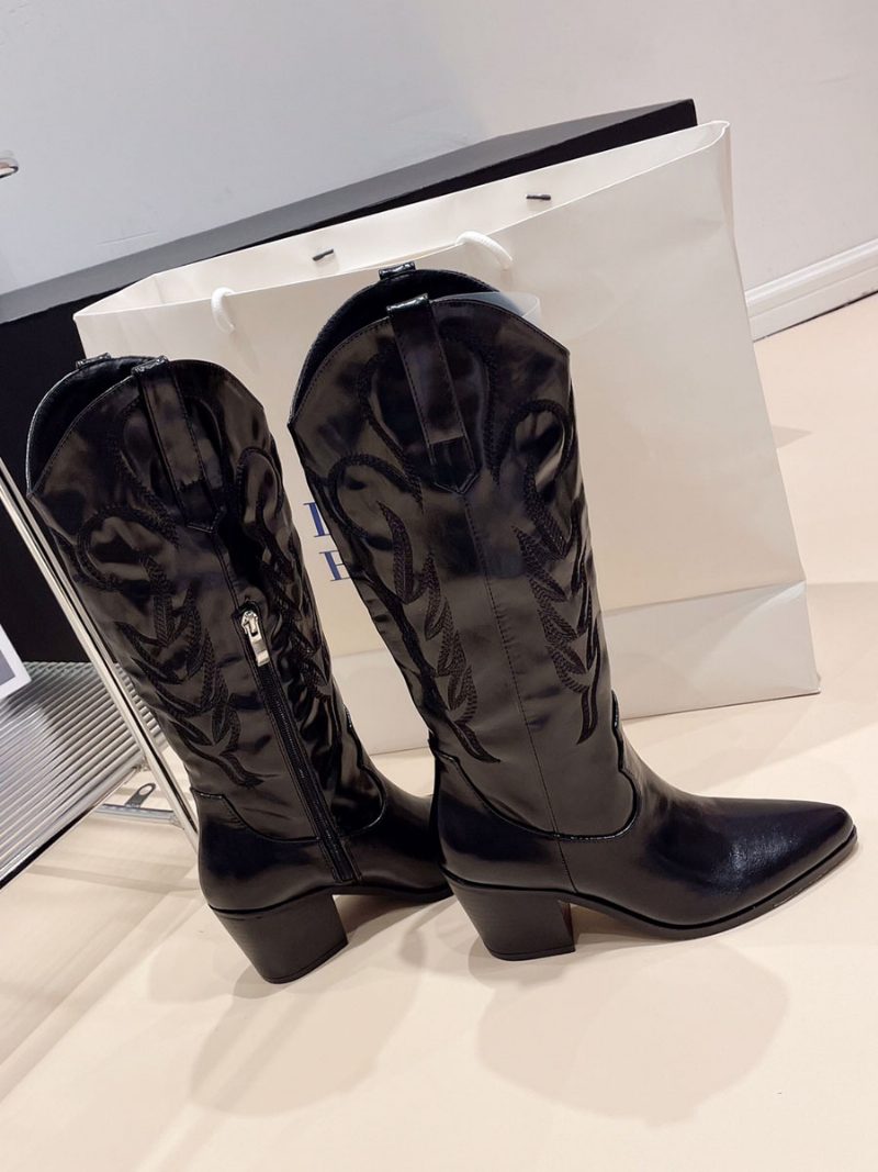 Silberne Cowboystiefel Für Damen Mit Spitzer Zehenpartie Und Kniehohen Stiefeln - Schwarz