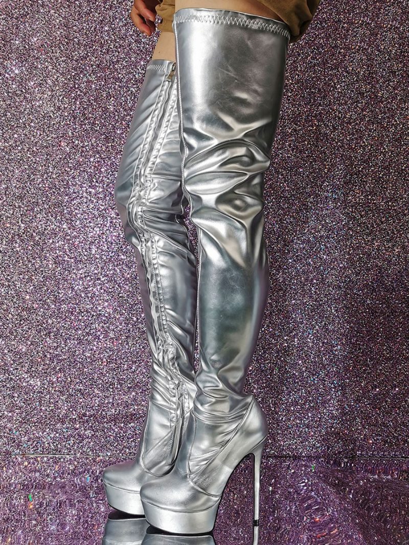 Silberne Overknee-stiefel Für Damen Mit Plateausohle Runder Zehenpartie Und Hohem Absatz - Silber