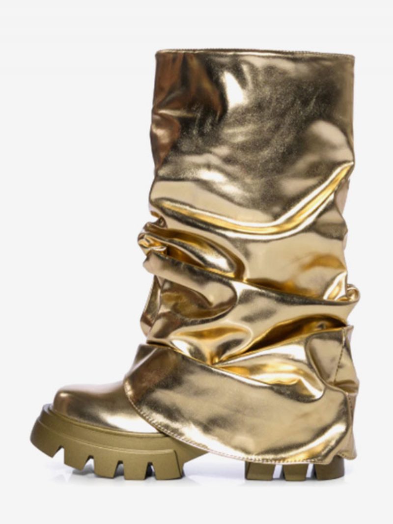 Silberne Slouch-stiefel Für Damen Mit Runder Zehenpartie Und Flachen Stiefeletten - Gold