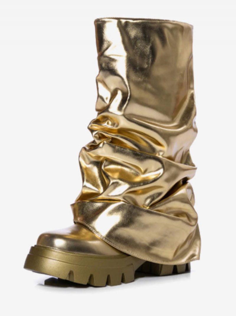 Silberne Slouch-stiefel Für Damen Mit Runder Zehenpartie Und Flachen Stiefeletten - Gold